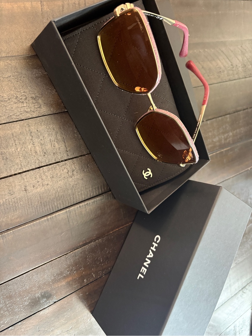 CHANEL Gold Frame Sunglasses with Brown Lenses and Pink Arms